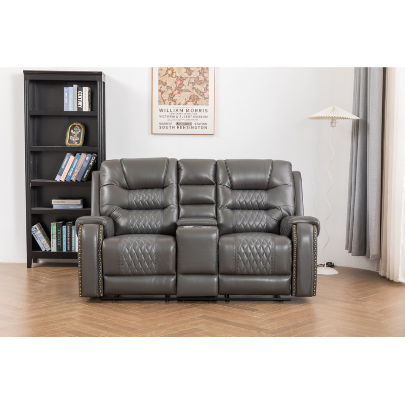 Ilyia Two Tone Vegan Leather Livingroom Reclining Loveseat, Gray Faux Leather