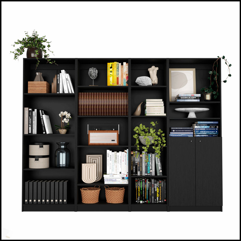 Ensemble de salon noir 4 pièces avec 4 bibliothèques, design moderne et élégant pour un grand rangement et une présentation élégante