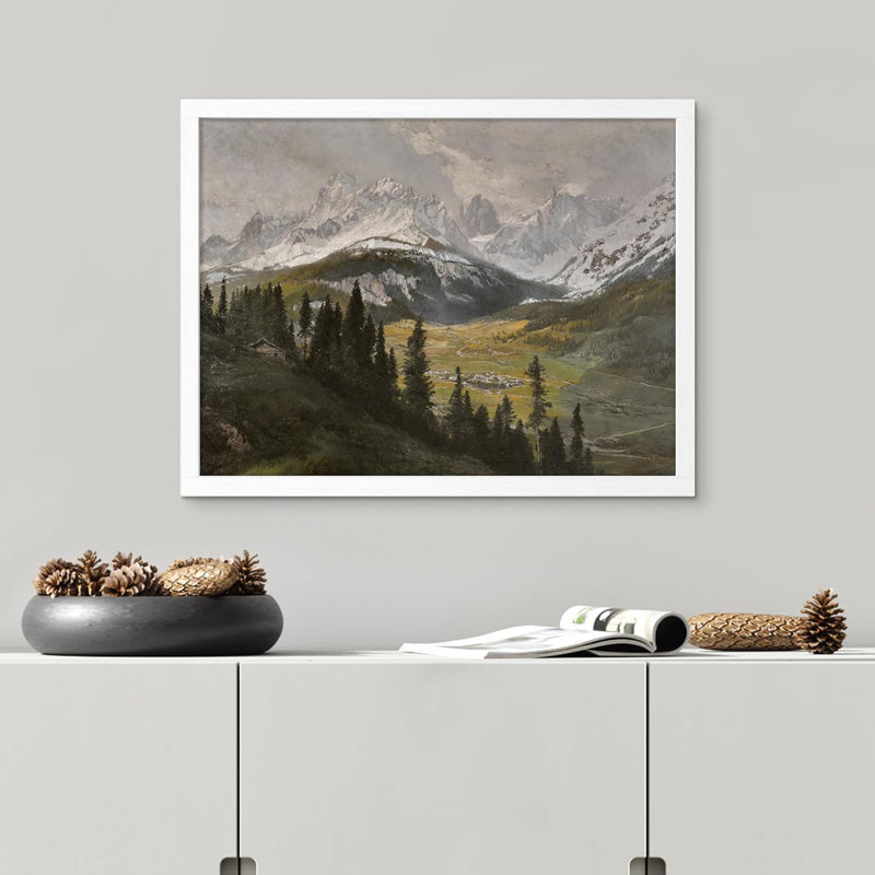 Montagnes enneigées et pin, forêt, campagne, art mural, paysage naturel, reproduction d'art encadrée sur papier, Blanc