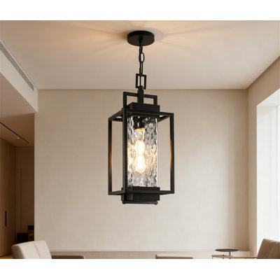 Beslowe Outdoor Pendant Light With Water Ripple Glass, Modern Hanging Lantern Fixture For Porch, Gazebo, Patio, Includes LED Bulb, All-Weather Black Exterior Chandelier