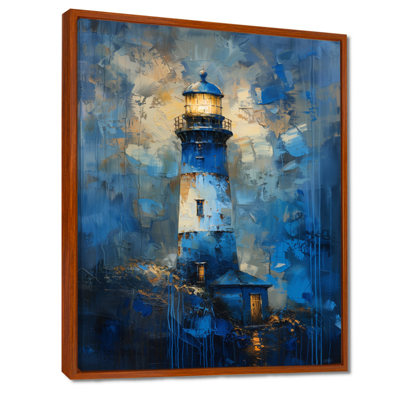 Tempête bleue tour de phare I - impression d'art mural phares, H 34 po x l 44 po, Cadre flottant brun