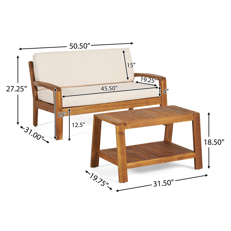 2-Piece Outdoor Teak Acacia Wood Conversation Set - Loveseat & Coffee Table With Beige Water-Resistant Cushions, 350Lbs Capacity For Patio, Deck & Backyard