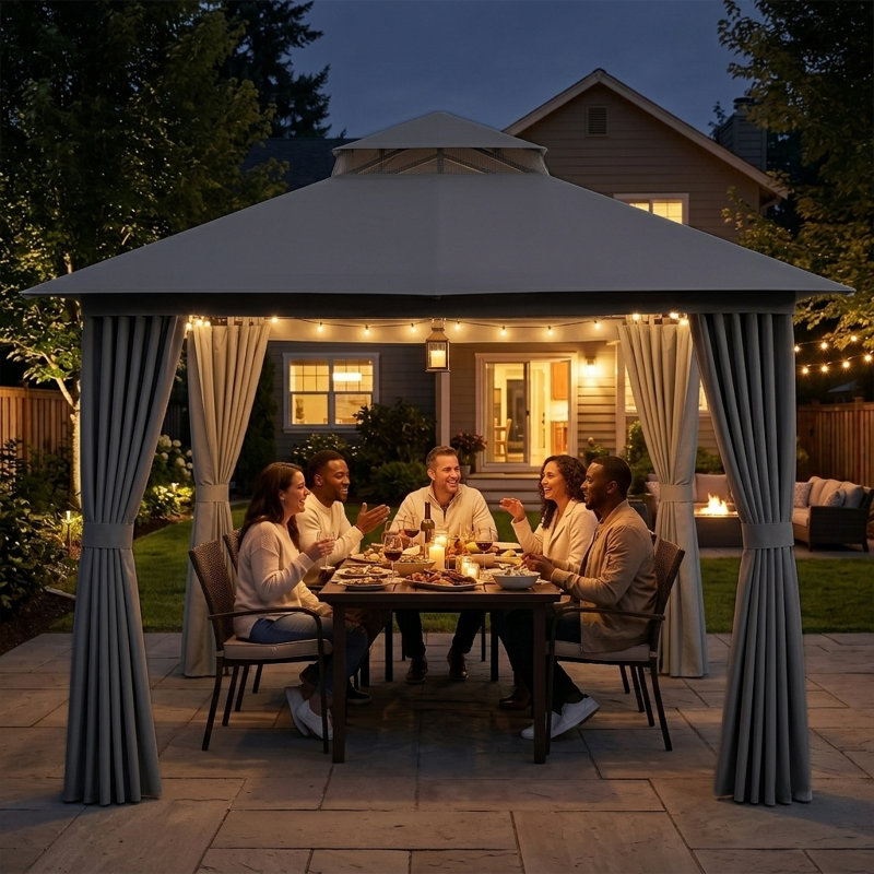 Gazebo de terrasse Yardgrace 3 m x 3 m avec toit souple, auvent à 2 niveaux, moustiquaire et rideaux d'intimité, gris, Gris