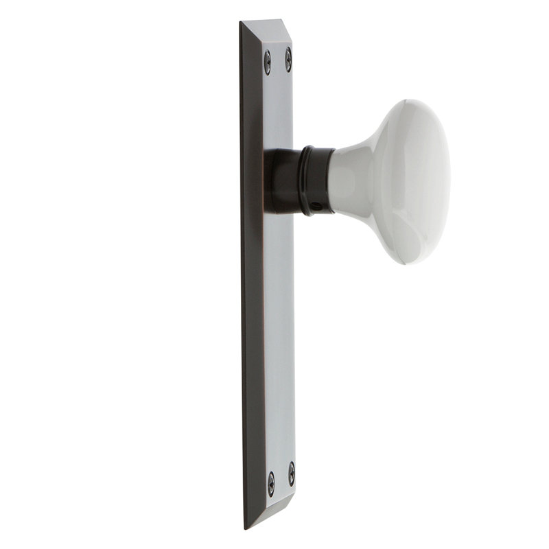 New York Plate with White Porcelain Door Knob, Timeless Bronze, 2-3/8”