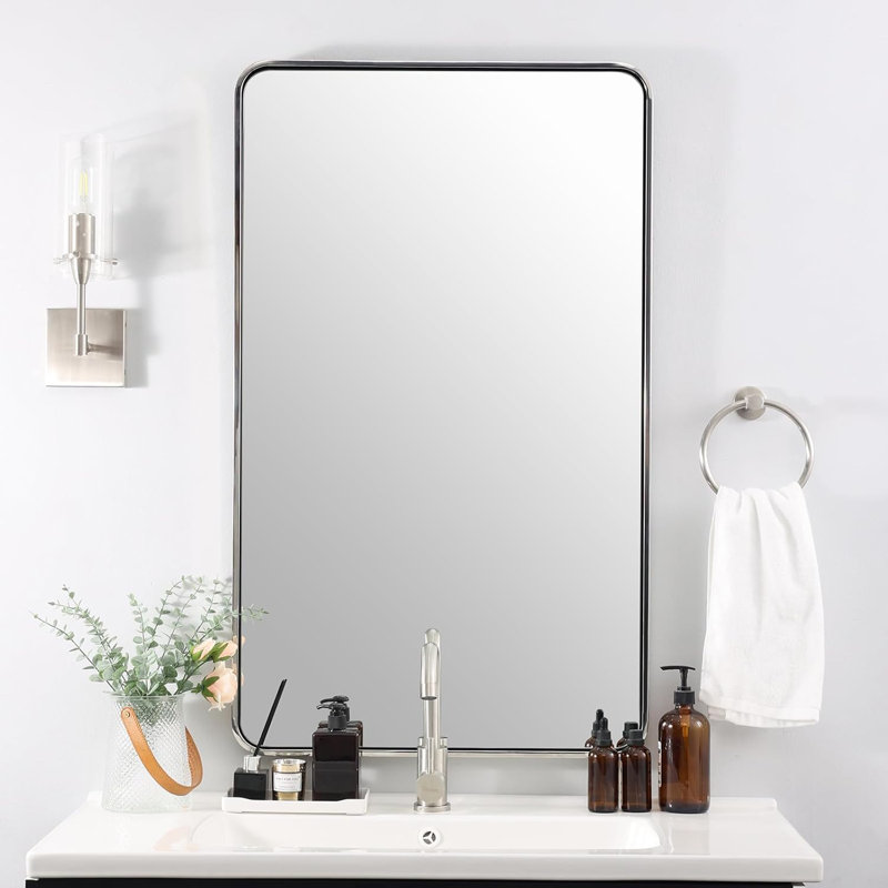 Contemporary Rectangle Bathroom Vanity Mirror | Stainless Steel Thick Frame, 40" x 24", Brushed Nickel