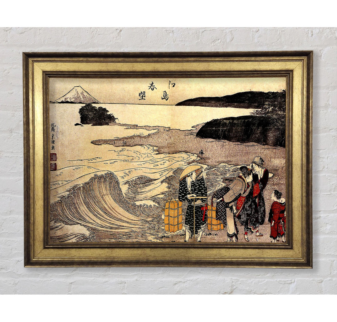 Hokusai Frauen am Strand von Enoshima Gerahmter Druck