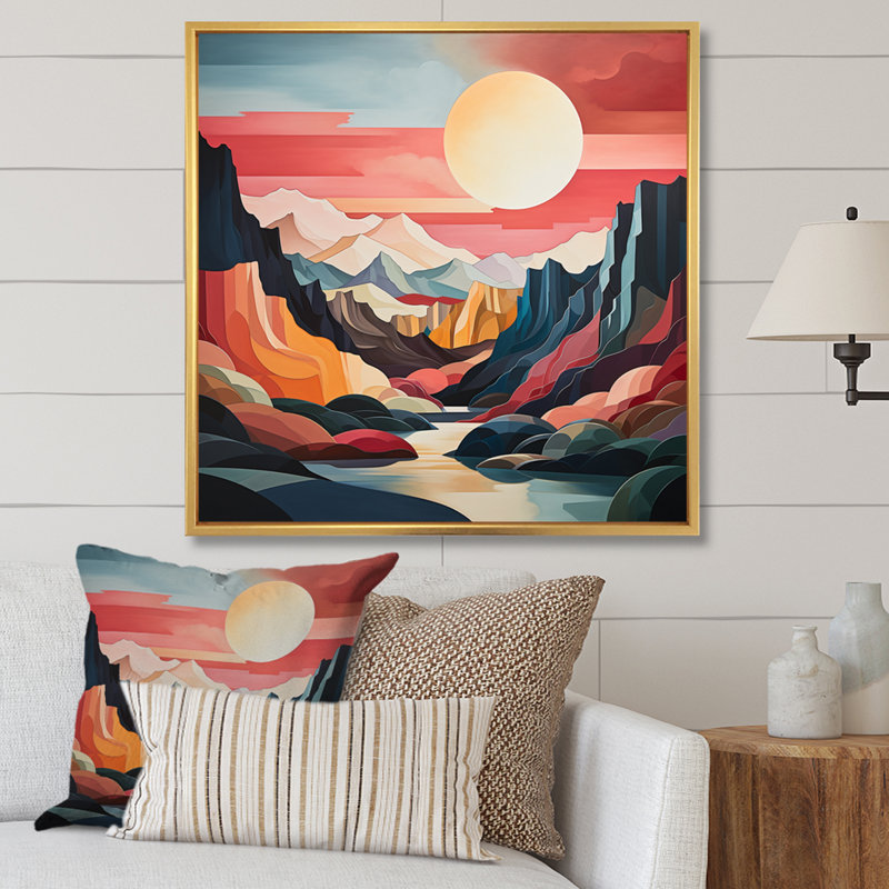Coral Teal Bold Canyon Landscape II - Abstract Canvas Art Print, H 16 po x l 16 po x P 1 po, Cadre flottant doré