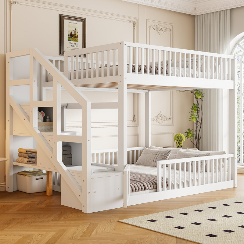 Lit superposé double au-dessus d'un lit double avec escalier de rangement, blanc, Blanc