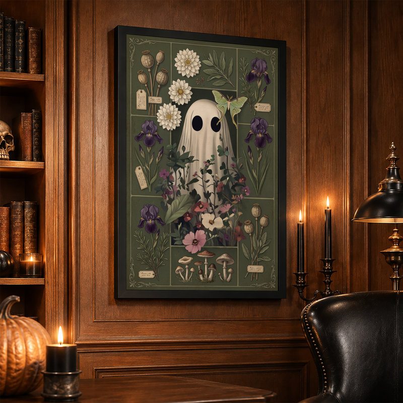 «White Ghost and Luna Moth In Vintage Botanical Halloween», art mural sur toile, H 24 po x l 16 po