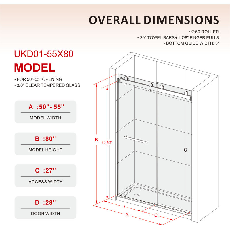 UKD01 50 to 55 in. x 80 in. H Frameless Double Sliding Shower Door with 3/8 in. (10mm) Clear Glass , Chrome, 55" W x 80" H