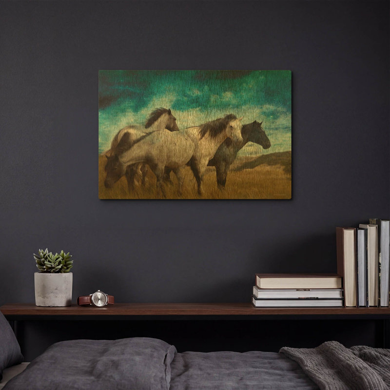 « Troupeau de chevaux sous un ciel étoilé » par Bluebird Barn, décoration murale en métal doré, 40,6 x 30,5 cm