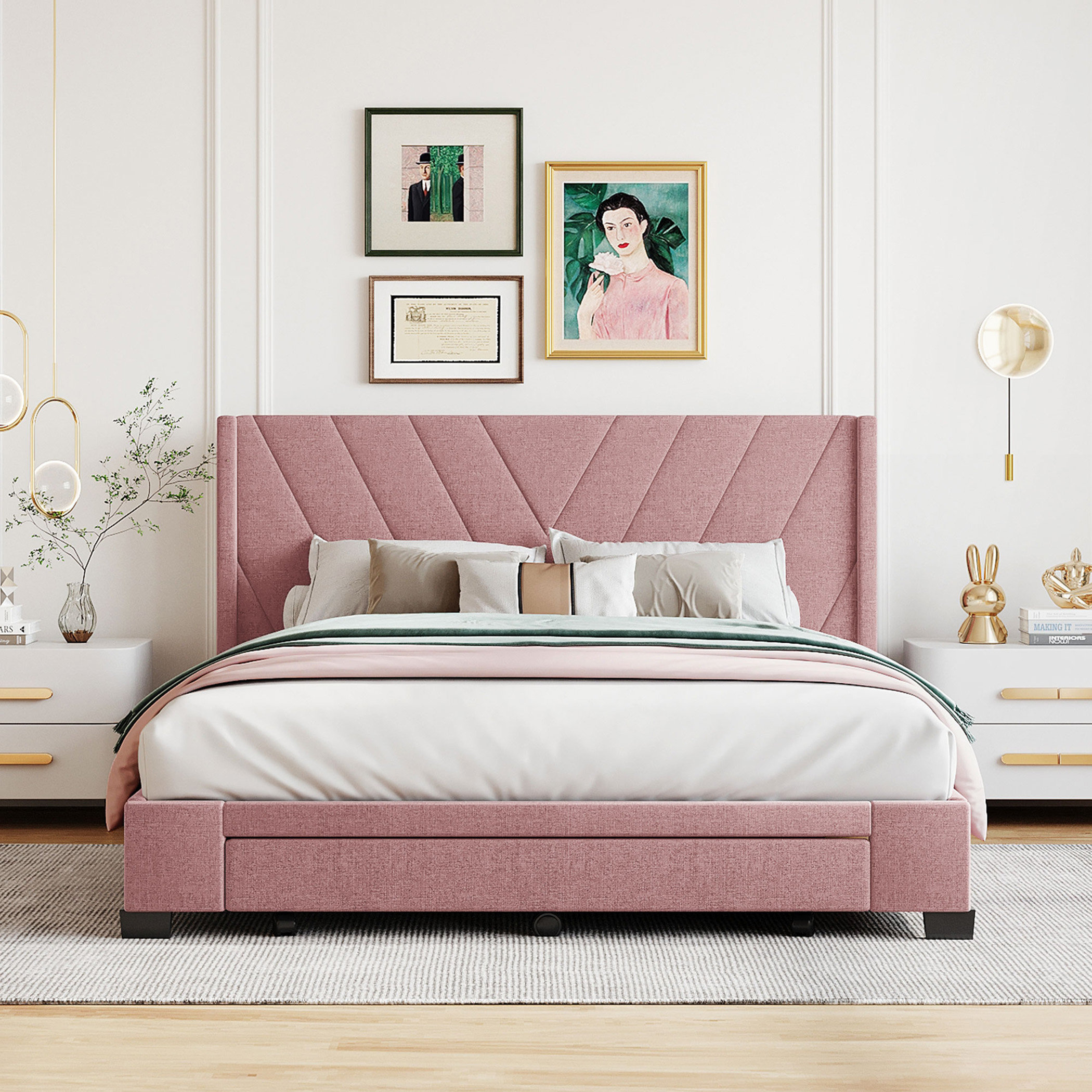 Ebern Designs Queen Size Storage Bed Linen Upholstered Platform Bed ...