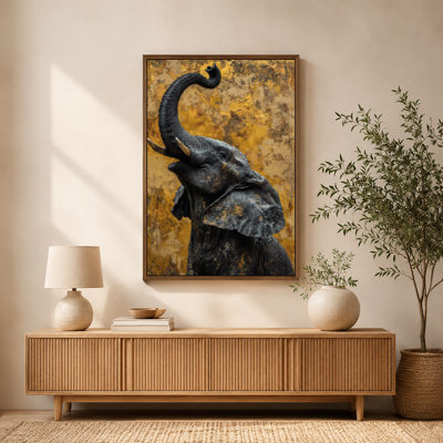 «Golden Tusks Elephant», art mural sur toile avec cadre flottant, prêt à être accroché