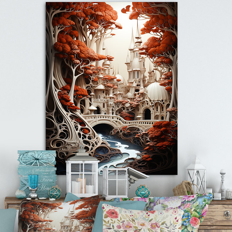 Paysage de château surréalisme fantastique sur toile, Toile tendue, H 32 po x l 16 po x P 1 po