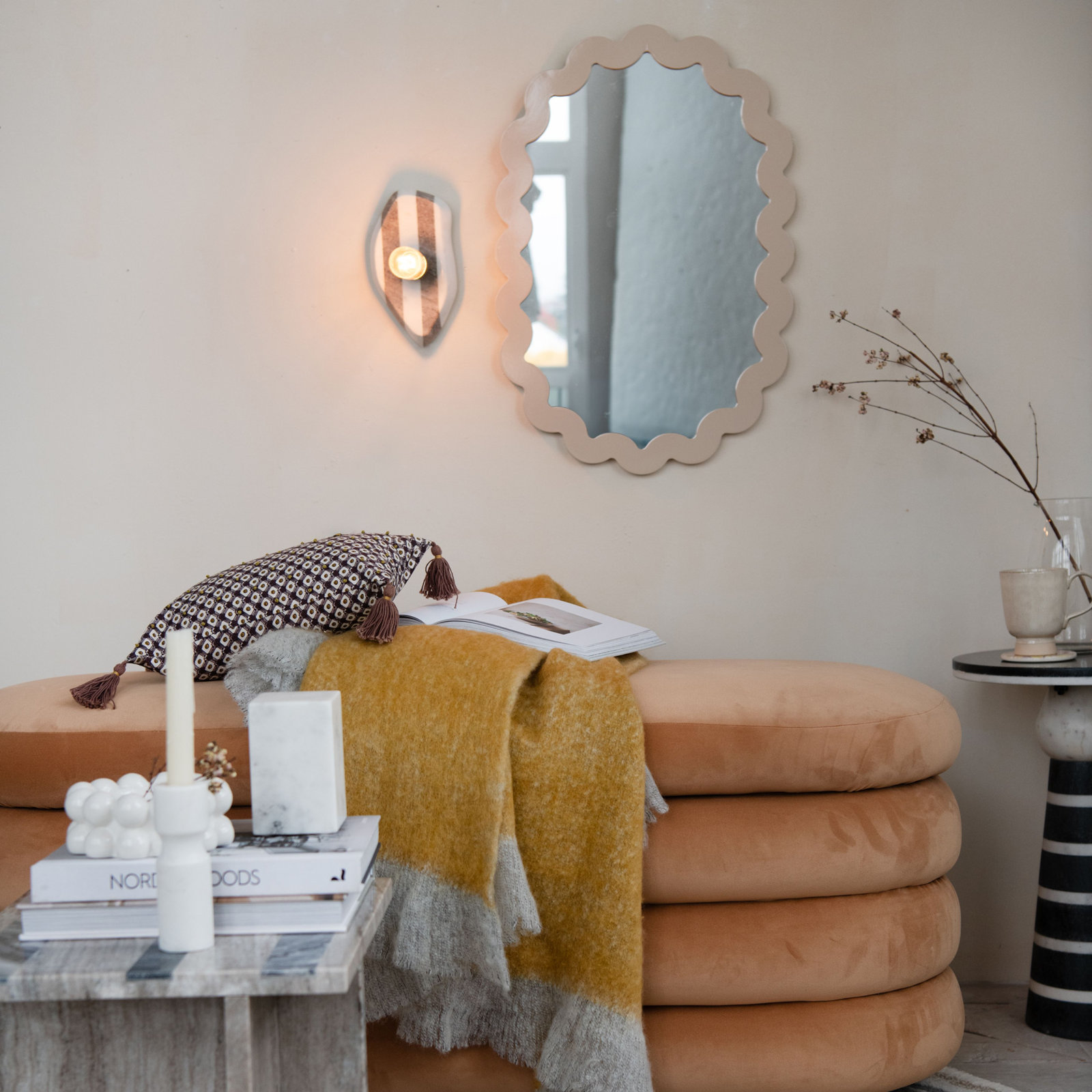 Wood Framed Scalloped Wall Mirror