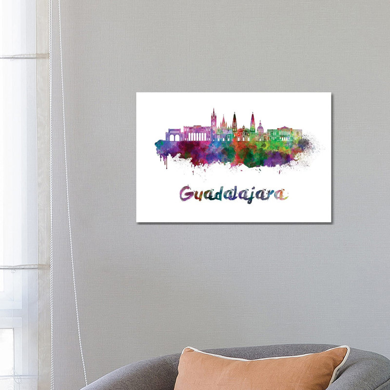 Guadalajara Mx Skyline In Watercolour by Paul Rommer - Wrapped Canvas Painting, 66.04 cm H x 45.72 cm W