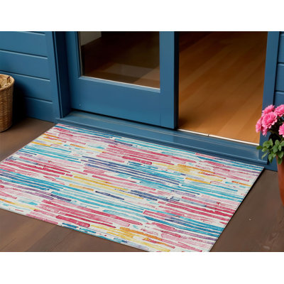Tapis extérieur lavable rayé blanc, bleu sarcelle, 3 pi x 5 pi, bleu sarcelle et jaune