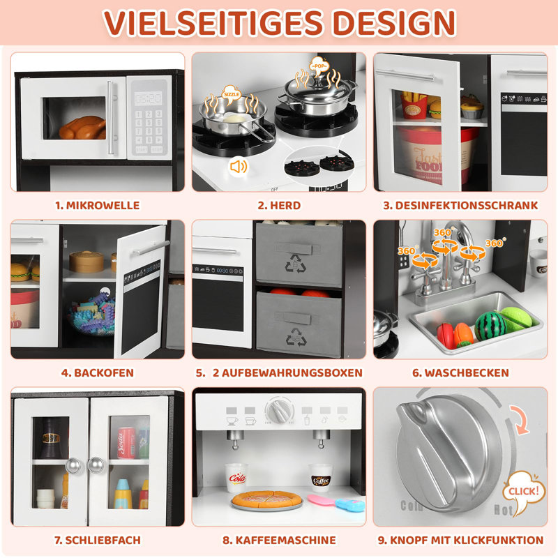 Children's Wooden Play Kitchen With Light And Sound, Doll's Kitchen Wood For Children, 90 X 30 X 90 Cm, With Kitchen Accessories And 2 Pieces Storage Boxes, Toy For Children From 3 Years