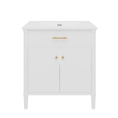 Meuble-lavabo 30 po avec lavabo, armoire de salle de bain avec portes à fermeture en douceur et tablette réglable, conception à profil courbé, pieds en bois d'hévéa, blanc