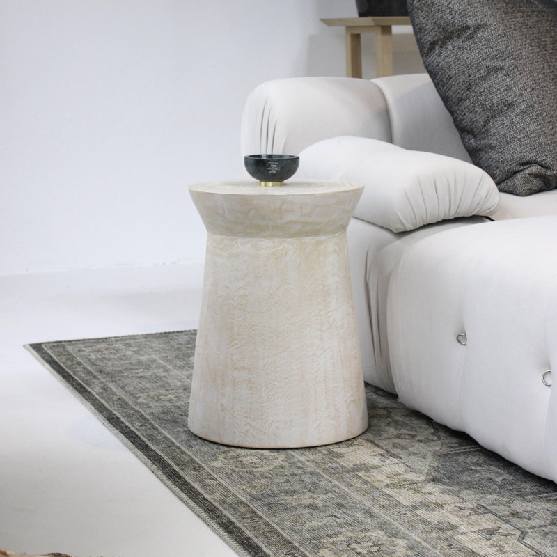 Tapered Round Solid Wood Pedestal Side Table, White Wash