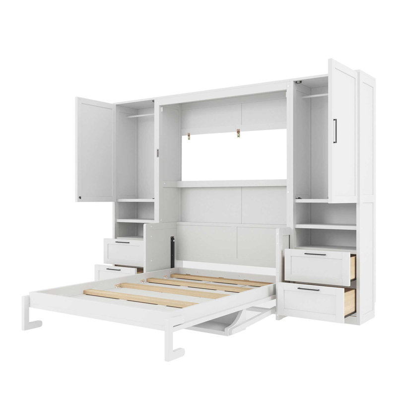 Lit escamotable 4 tiroirs avec garde-robe et tablettes, Blanc