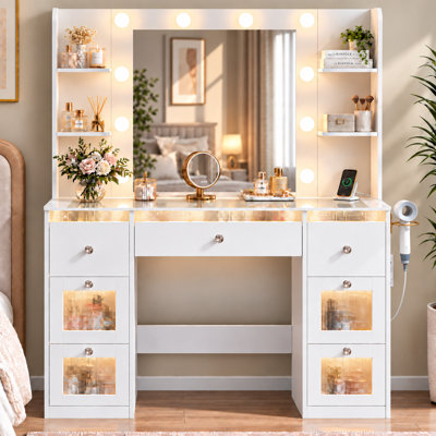 Bureau de meuble-lavabo avec miroir éclairé, 3 modes de couleurs, plateau en verre, 4 tablettes et prise de courant - coiffeuse de maquillage pour chambre à coucher