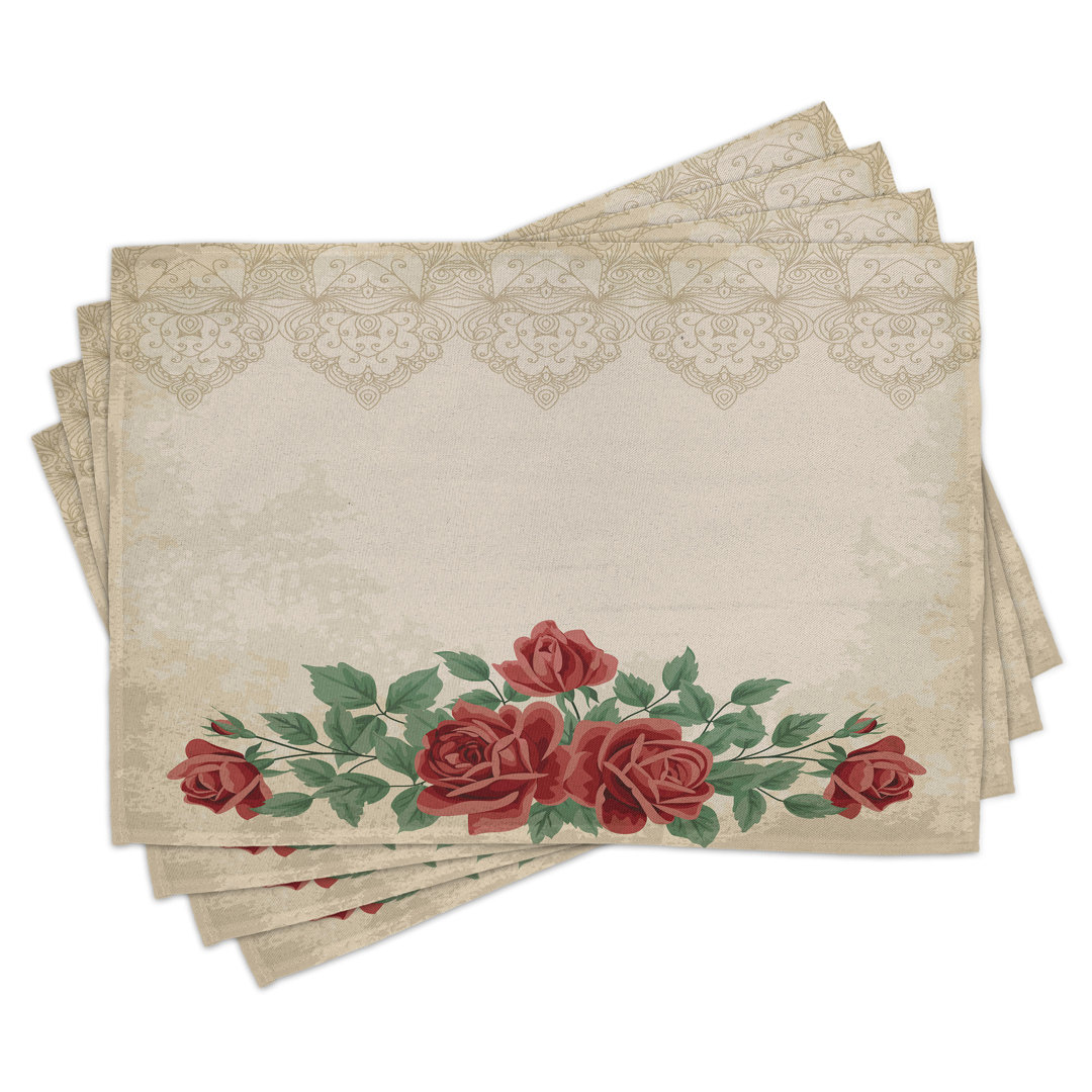 Platzdeckchen 4er Set, Vintage Love Rote Rosen, Beige Grün