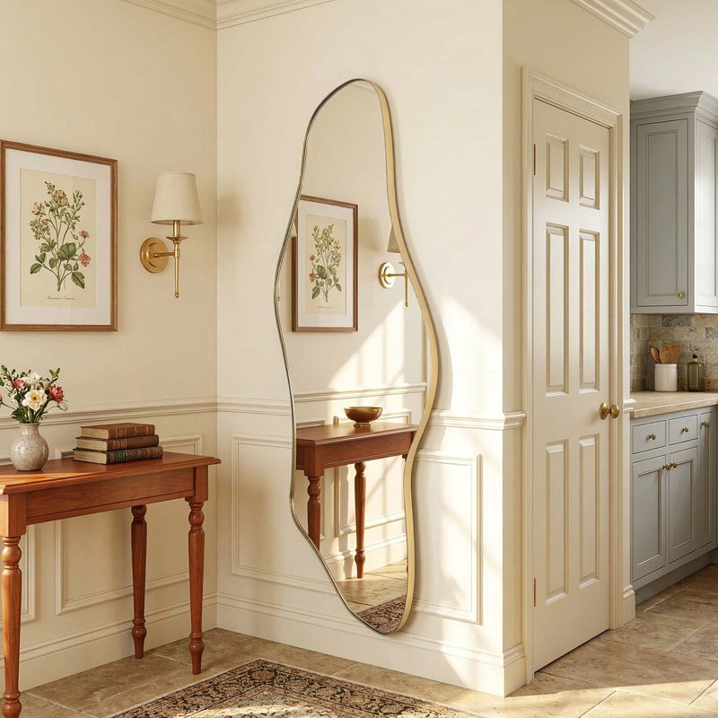 Modern Asymmetrical Full Length Wall Mirror with Gold Metal Frame, 55" x 25", 55"x25", Gold