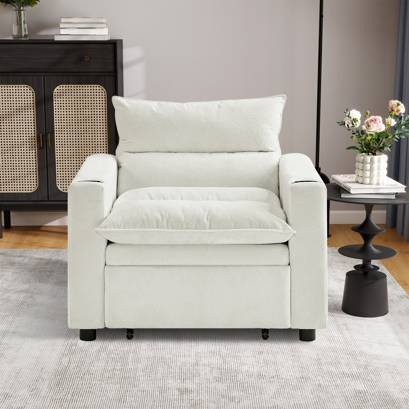 Upholstered Square Arm Tufted Cushion Accent Convertible Chair, Beige
