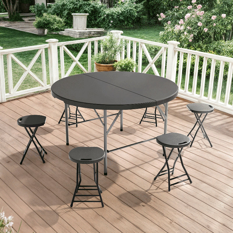 7-Piece Foldable Round Table & Chairs – Event Party Desk, 54" L, Black/Gray