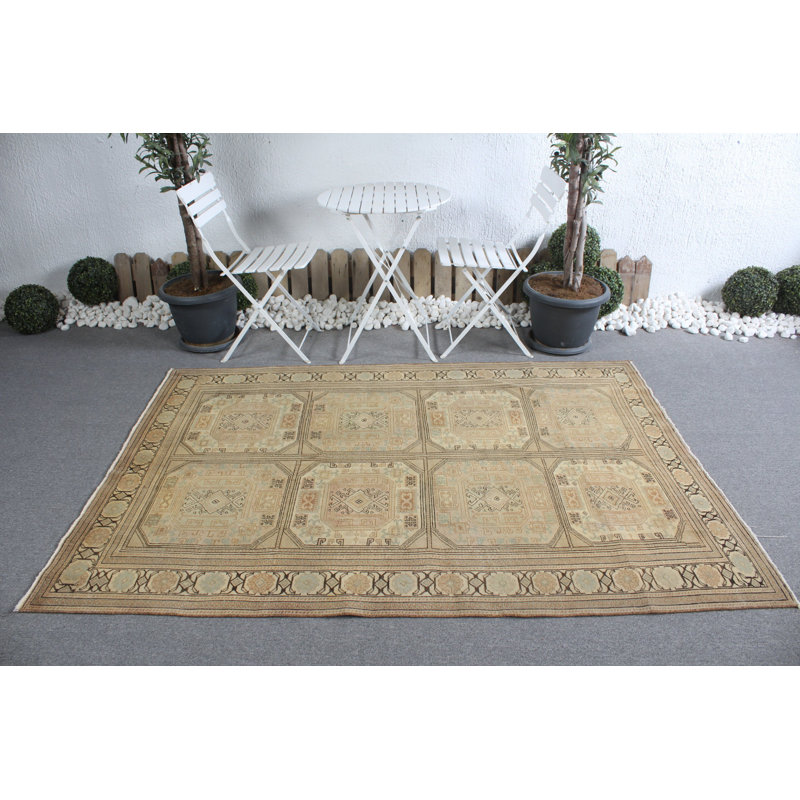 Tapis turc rétro Oushak au design géométrique brun riche, idéal pour la cuisine ou le salon