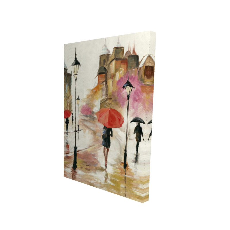Art contemporain rouge sur toile - Passants sous les parapluies