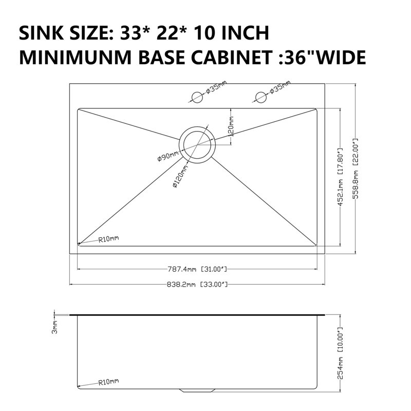 33'' L Single Bowl Stainless Steel Kitchen Sink