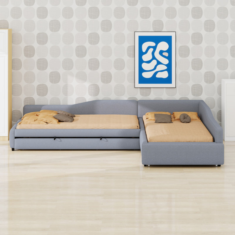 Upholstered Double Daybed With Trundle And Drawer, Gray