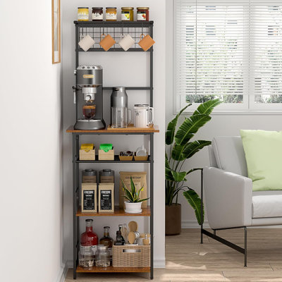 5 Tier Coffee Bar Station, Kitchen Stand with 4 S-Shaped Hooks, Farmhouse Corner Coffee Bar Cabinet for Small Spaces, Bakers Rack for Kitchen, Entryway, Living Room