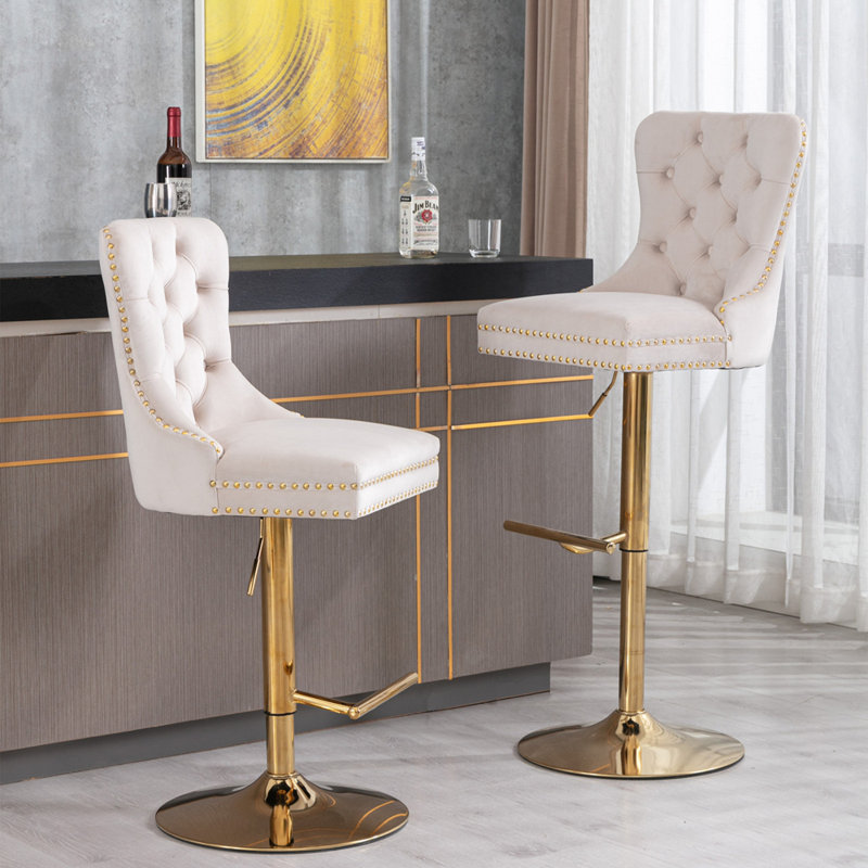 Tabourets de bar pivotants en velours avec hauteur de siège réglable, Beige, Doré