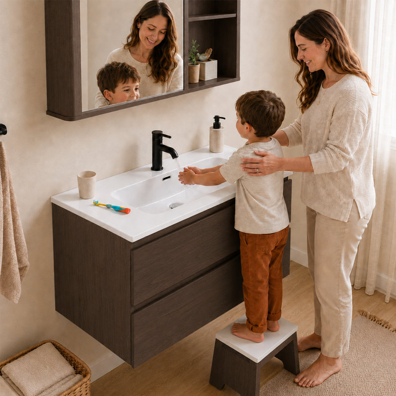 Meuble-lavabo flottant mural simple 36 po avec lavabo en céramique Sylvan, Noyer foncé, 36"