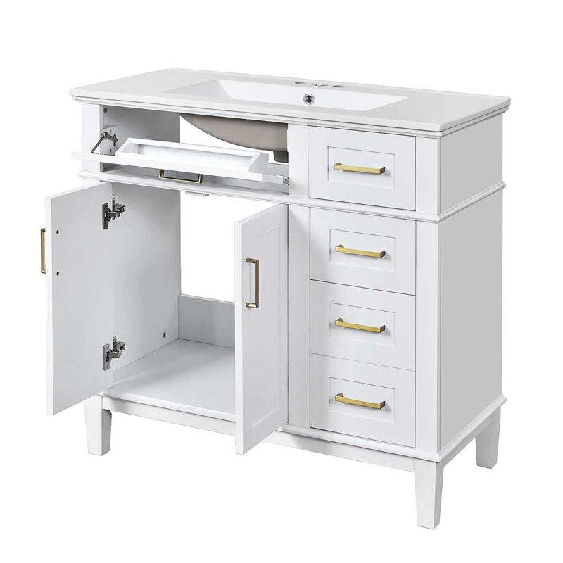 36-Inch Modern Bathroom Vanity With Ceramic Sink, Cabinet With Four Drawers, White