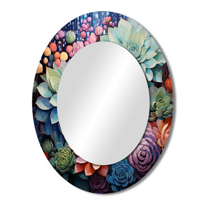 Green Blue Succulent Serenade III - Succulent Wall Mirror, Traditional Decorative Mirror, Printed Metal Art