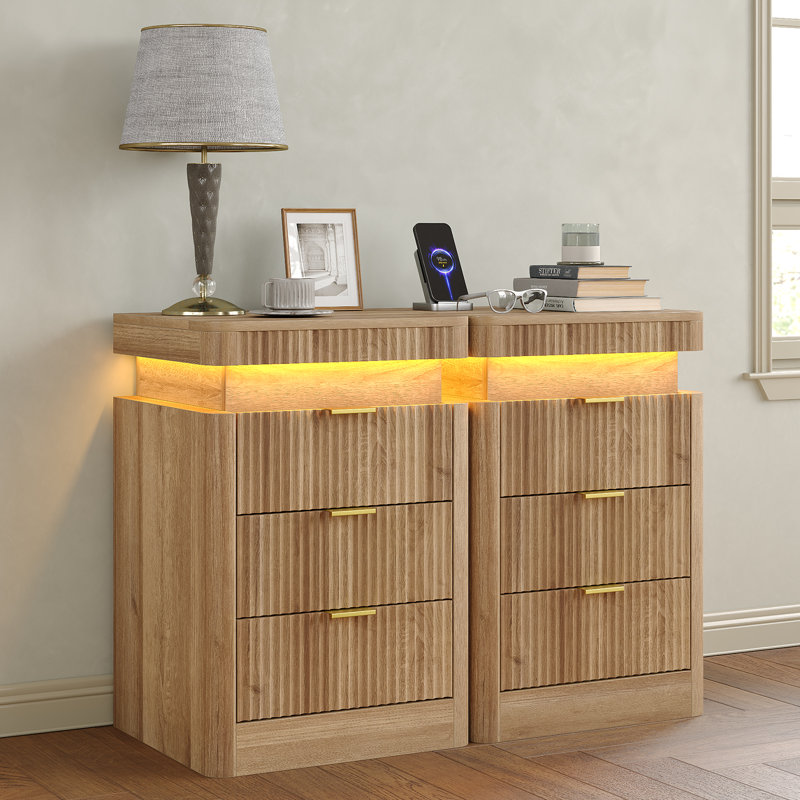 Fluted Night Stand With Charging Station & LED Light, 3-Drawer Bedside Table For Bedroom & Living Room, Modern Sofa Side Table With Sliding Top & Outlets/USB