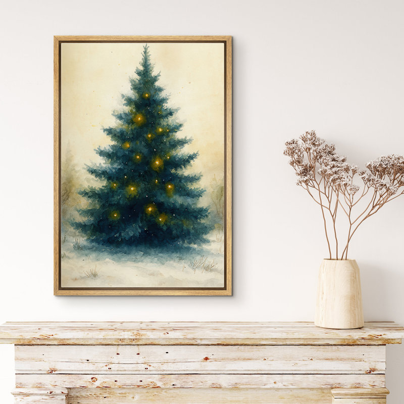 Arbre de Noël avec lumières dorées, impression sur toile encadrée, H 36 po x l 24 po x P 1,5 po, Cadre naturel