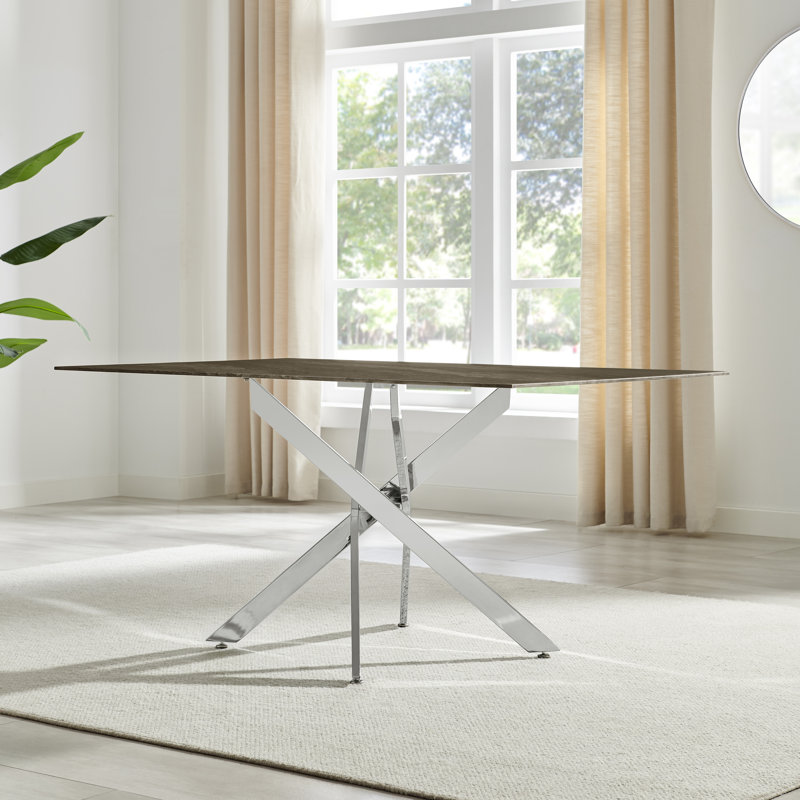 Chanden Luxury Marble Effect Glass 6 Seater Dining Table - Modern Statement Design, Silver, Gray