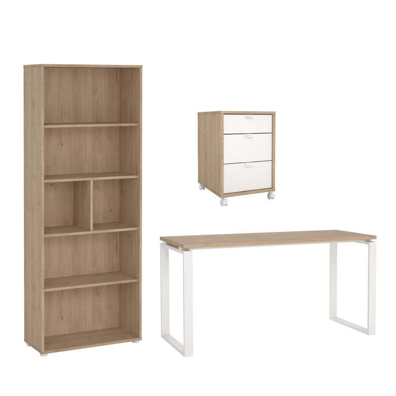 Ensemble de bureau Embrie 3 pièces : caisson mobile à 3 tiroirs, bureau de 150 cm avec pieds en acier et bibliothèque à 6 étagères, coloris Jackson Hickory/Blanc