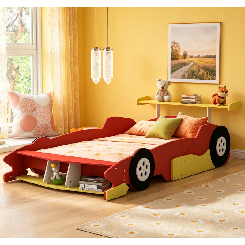 Lit plateforme pleine grandeur en forme de voiture de course avec roues, durable et sécuritaire pour les chambres d'enfants