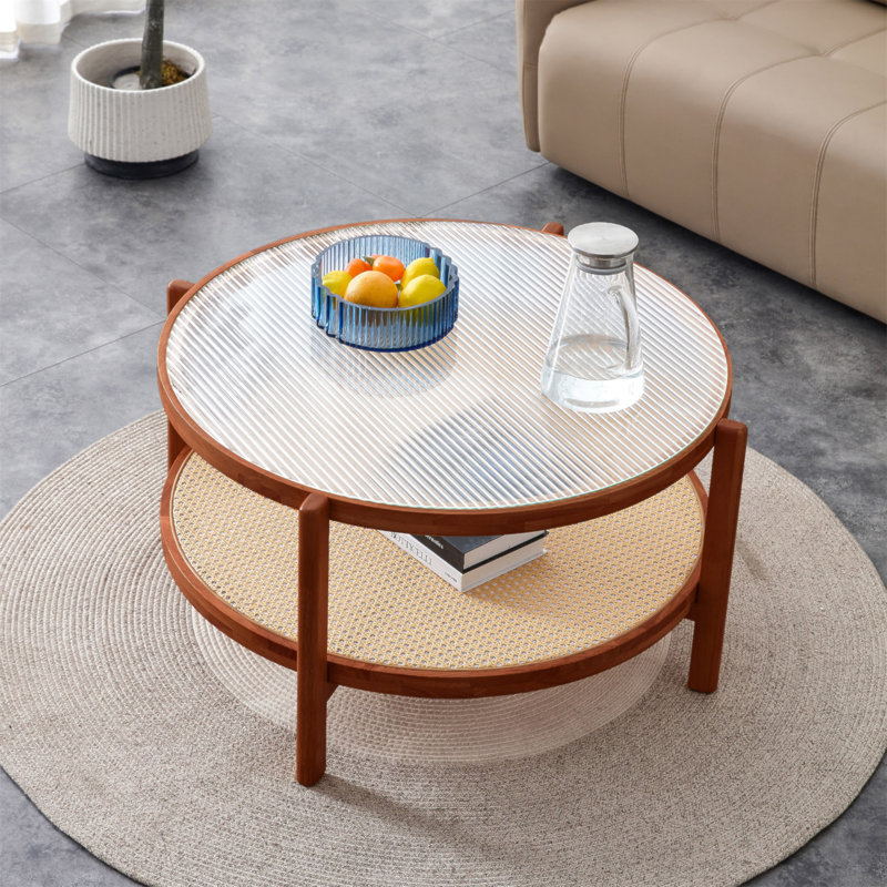 Table basse moderne en bois massif à double couche circulaire, plateau de table en verre artisanal, matériau de la deuxième couche: rotin PE, structure en bois massif