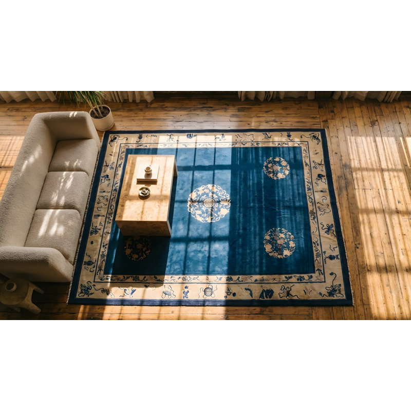 Antique Hand Knotted Pile Wool Blue 1900s Rectangle Rug