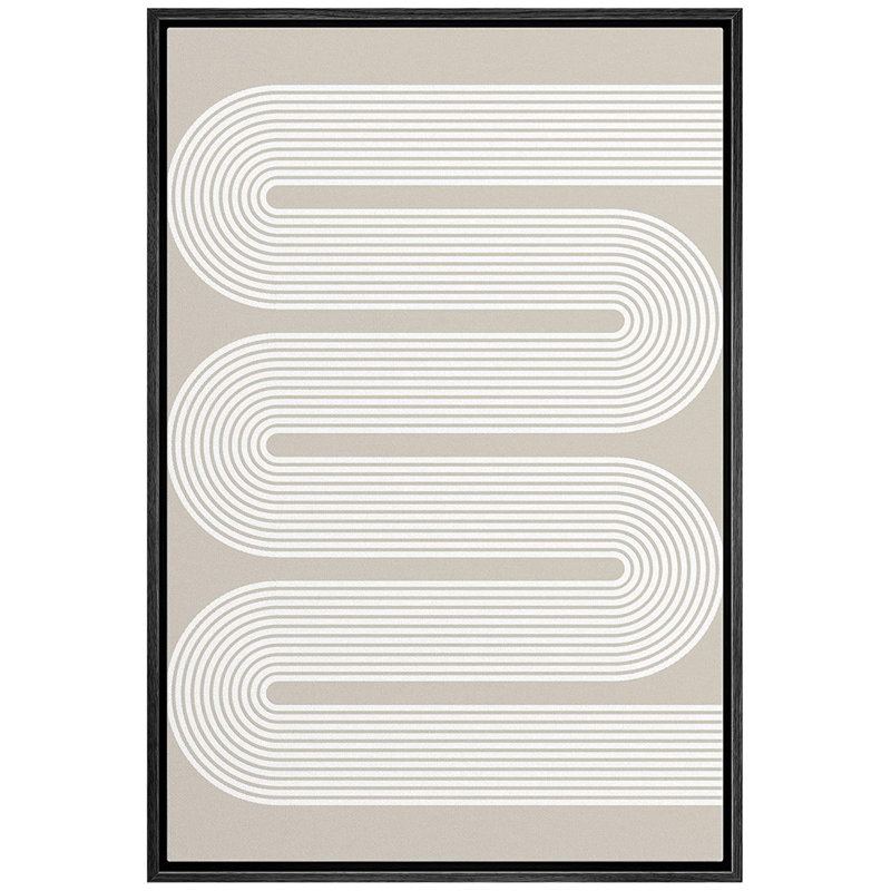 «Geometric Line», reproduction d'art sur toile encadrée, motif de vagues Mid-Century pastel gris et gris, formes abstraites, illustration, minimalisme, géométrique décoratif pour le salon, la chambre à coucher, le bureau