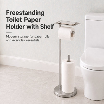 Freestanding Toilet Paper Holder Stand with Shelf and Spare Roll Storage