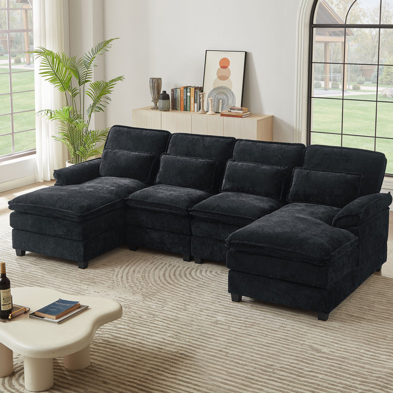 Chinelle Fabric U Shaped Double Layer Soft Sofa with Toss Pillows, Black