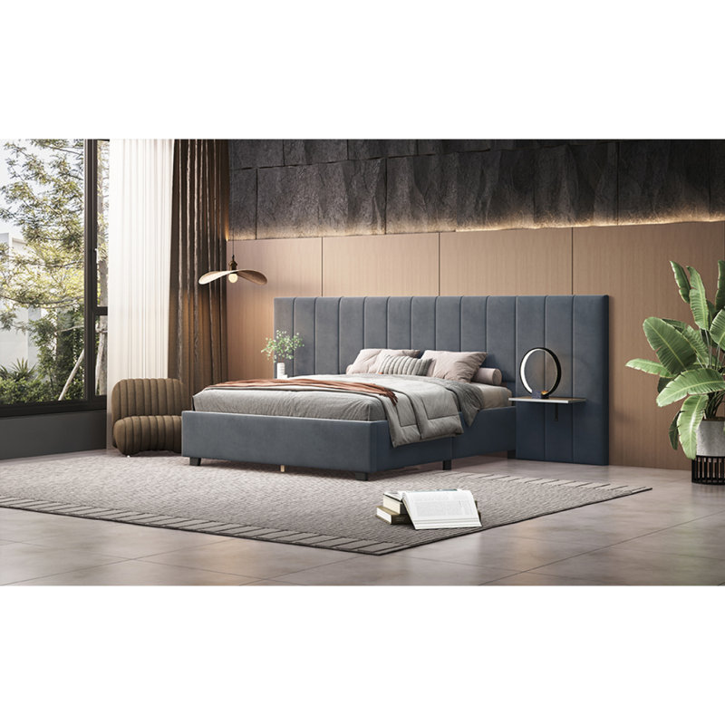Grand lit plateforme tapissier avec grande tête de lit, mobilier de chambre à coucher, velours, gris